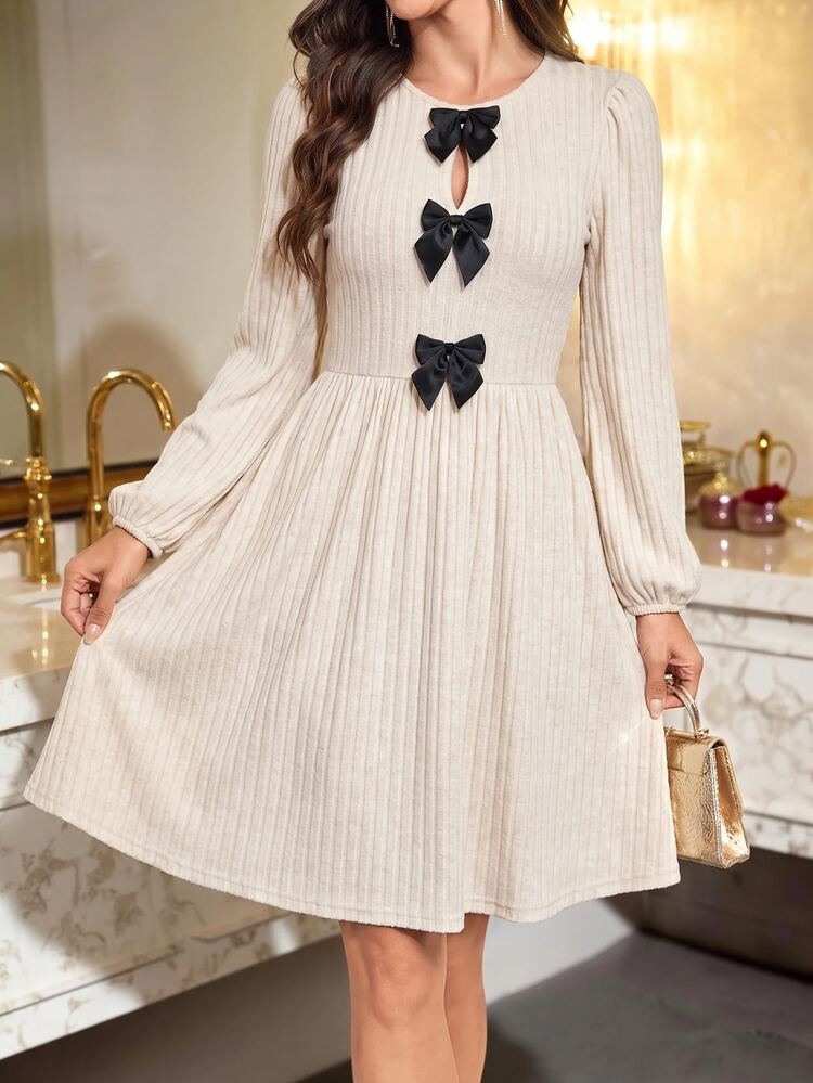Amorya Women's Bow Decor Bubble Long Sleeve Elegant Midi Dress - Multicolor - View 6