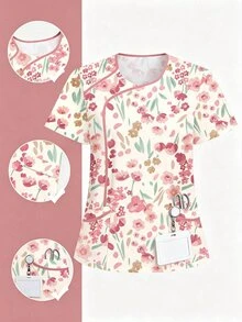 PopScrub Women's Casual Tulip Floral Cartoon Print Fashion V-Neck Short Sleeve Colorblock Patchwork Trim Uniform, Double Pocket Nurse Scrub Top, Summer Work Uniform - Multicolor - View 1
