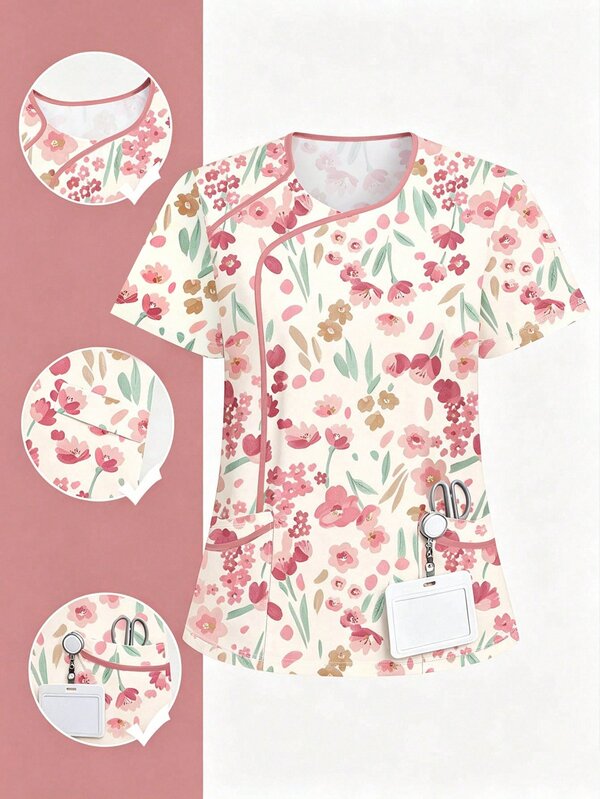 PopScrub Women's Casual Tulip Floral Cartoon Print Fashion V-Neck Short Sleeve Colorblock Patchwork Trim Uniform, Double Pocket Nurse Scrub Top, Summer Work Uniform
