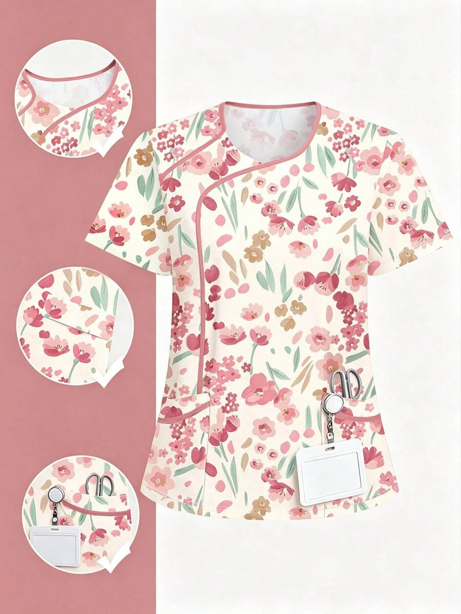 PopScrub Women's Casual Tulip Floral Cartoon Print Fashion V-Neck Short Sleeve Colorblock Patchwork Trim Uniform, Double Pocket Nurse Scrub Top, Summer Work Uniform - Multicolor - View 1