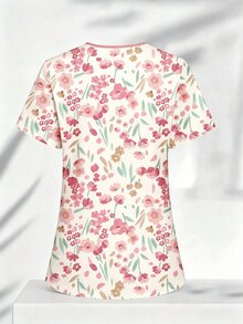 PopScrub Women's Casual Tulip Floral Cartoon Print Fashion V-Neck Short Sleeve Colorblock Patchwork Trim Uniform, Double Pocket Nurse Scrub Top, Summer Work Uniform - Multicolor - View 2