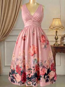 Rometta Plus Size Women's Dusty Rose Romantic Floral Print V-Neck Dress, Elegant Ruched Waist Knit, Comfortable For Streetwear, Party, Afternoon Tea, Date - Pink - View 2