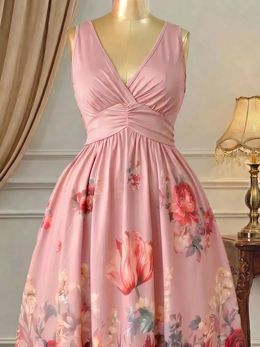 Rometta Plus Size Women's Dusty Rose Romantic Floral Print V-Neck Dress, Elegant Ruched Waist Knit, Comfortable For Streetwear, Party, Afternoon Tea, Date - Pink - View 1