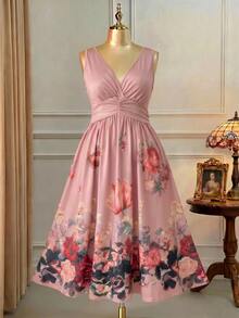 Rometta Plus Size Women's Dusty Rose Romantic Floral Print V-Neck Dress, Elegant Ruched Waist Knit, Comfortable For Streetwear, Party, Afternoon Tea, Date - Pink - View 6