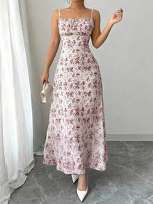 INAWLY Flattering Red Violet Random Print Midi Dress With Shirred Spaghetti Strap Neckline And Flared Hem For Women - Red Violet - View 3