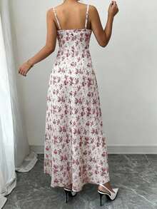 INAWLY Flattering Red Violet Random Print Midi Dress With Shirred Spaghetti Strap Neckline And Flared Hem For Women - Red Violet - View 2
