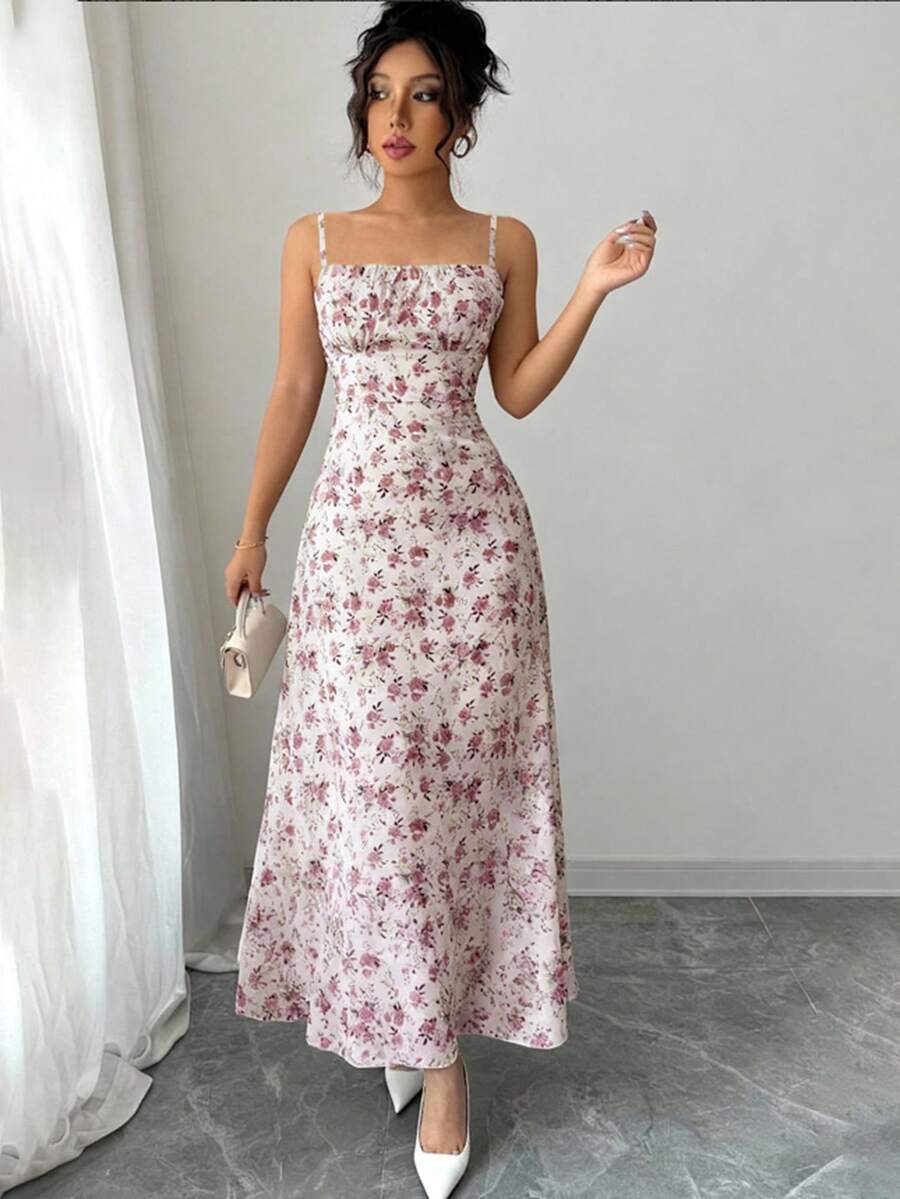 INAWLY Flattering Red Violet Random Print Midi Dress With Shirred Spaghetti Strap Neckline And Flared Hem For Women - Red Violet - View 1