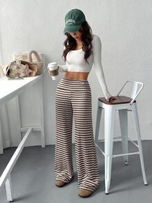 SHEIN EZwear 女款休閒白色與棕色折腰寬腿長褲，秋季居家棕色與白色條紋 - 咖啡棕 - 查看 6