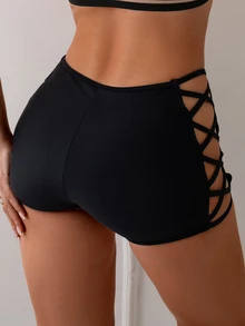 SHEIN Swim 純色泳衣比基尼底褲,側翻十字 & 空心設計,適用於夏季,海灘,游泳池 - 黑色 - 查看 2