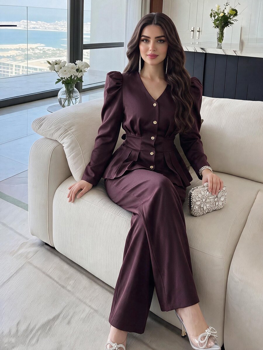 Feyla Set Blus Peplum Lengan Gigot dan Celana Panjang Lebar - Burgundy - View 1