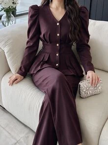 Feyla Gigot Sleeve Peplum Blouse & Wide Leg Pants Set - Burgundy - View 6