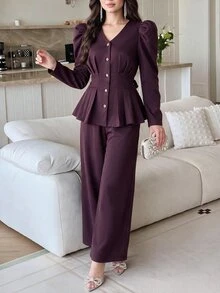 Feyla Gigot Sleeve Peplum Blouse & Wide Leg Pants Set - Burgundy - View 4