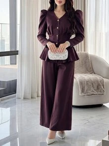 Feyla Gigot Sleeve Peplum Blouse & Wide Leg Pants Set - Burgundy - View 1