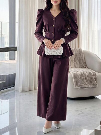 Feyla Gigot Sleeve Peplum Blouse & Wide Leg Pants Set