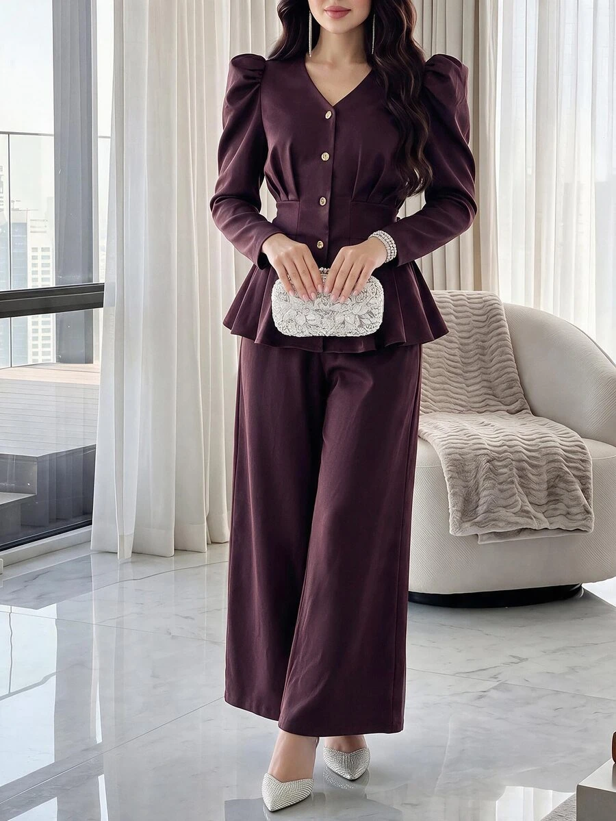 Feyla Gigot Sleeve Peplum Blouse & Wide Leg Pants Set - Burgundy - View 1