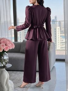 Feyla Gigot Sleeve Peplum Blouse & Wide Leg Pants Set - Burgundy - View 2