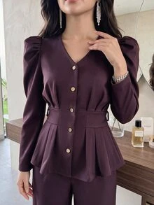 Feyla Gigot Sleeve Peplum Blouse & Wide Leg Pants Set - Burgundy - View 5