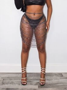 BamGleam 女士纯色水钻镂空性感修身迷你裙 - 黑色 - 查看 4