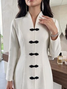 Feyla Duffle Button Front Longline Dress - White - View 1