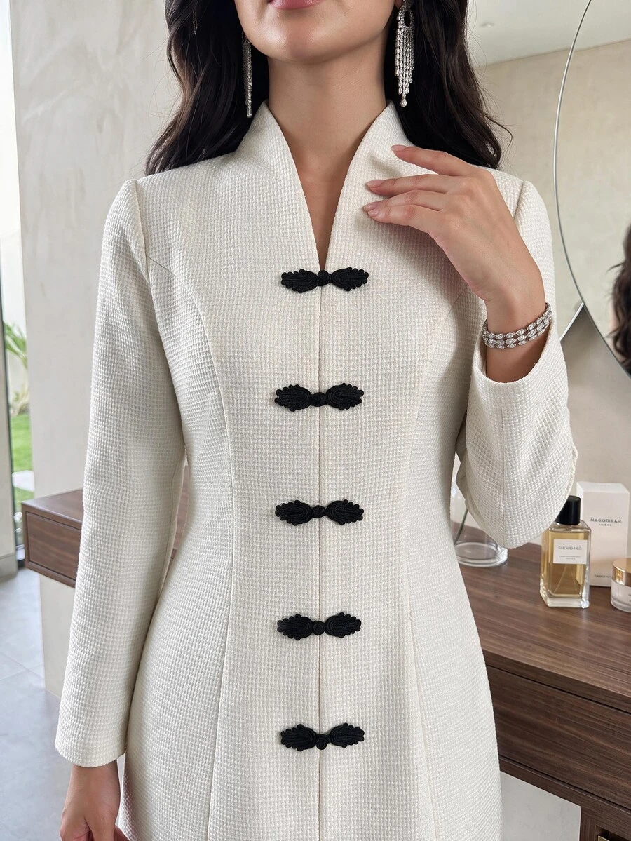 Feyla Duffle Button Front Longline Dress - White - View 1