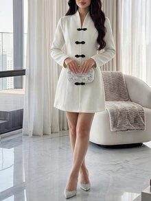 Feyla Duffle Button Front Longline Dress - White - View 4