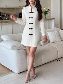 Feyla Duffle Button Front Longline Dress - White - View 2