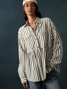 Bohemela Women's Striped Pleated Casual French Versatile Daily Long Sleeve Jacket Everyday Work Breakfast Grey Plaid Autumn - Army Green - View 4