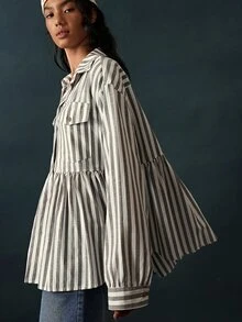 Bohemela Women's Striped Pleated Casual French Versatile Daily Long Sleeve Jacket Everyday Work Breakfast Grey Plaid Autumn - Army Green - View 5