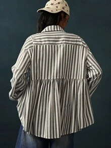 Bohemela Women's Striped Pleated Casual French Versatile Daily Long Sleeve Jacket Everyday Work Breakfast Grey Plaid Autumn - Army Green - View 8