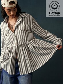 Bohemela Women's Striped Pleated Casual French Versatile Daily Long Sleeve Jacket Everyday Work Breakfast Grey Plaid Autumn - Army Green - View 2