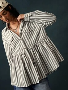 Bohemela Women's Striped Pleated Casual French Versatile Daily Long Sleeve Jacket Everyday Work Breakfast Grey Plaid Autumn - Army Green - View 6