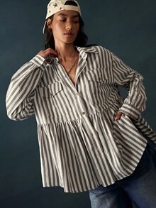 Bohemela Women's Striped Pleated Casual French Versatile Daily Long Sleeve Jacket Everyday Work Breakfast Grey Plaid Autumn - Army Green - View 3