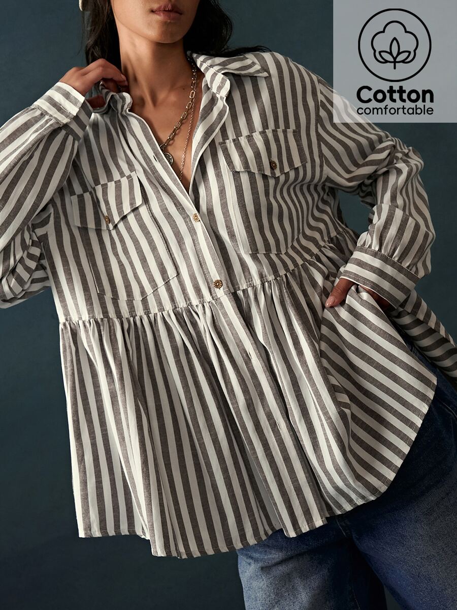 Bohemela Women's Striped Pleated Casual French Versatile Daily Long Sleeve Jacket Everyday Work Breakfast Grey Plaid Autumn - Army Green - View 1