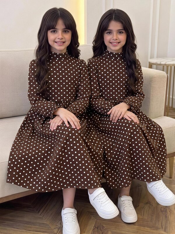 SHEIN Tween Girl Woven Polka Dot Stand Collar Casual A-Line Princess Dress