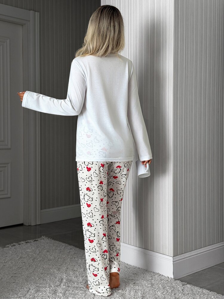 SHEIN Cotton Line Women Heart Print Round Neck Long Sleeve Top High Waist Comfy Pants 2 Pcs Pajama Set Lounge Sleep Red And White Red And Black Autumn Cute - Red - View 2