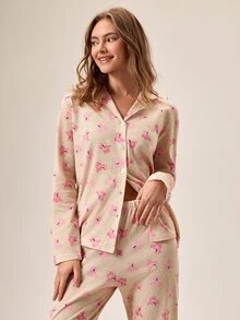 Loomlin PETITE SIZE Women 2 Pcs Button Front With BEAR&POLKA DOT Pattern Homewear Cute Pajama Set - Multicolor - View 6