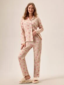 Loomlin PETITE SIZE Women 2 Pcs Button Front With BEAR&POLKA DOT Pattern Homewear Cute Pajama Set - Multicolor - View 8