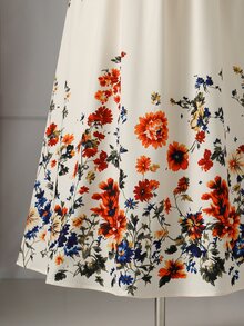 Rometta Women's Plus Size Spring/Summer Elegant Pastoral Style V-Neck Ruffle Sleeve Maxi Dress, Beige Base Vintage Floral Print + Front Decorative Button Design, Suitable For Picnic, Date, Daily Shopping, Vacation Photography - Beige - View 8