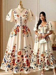 Rometta Women's Plus Size Spring/Summer Elegant Pastoral Style V-Neck Ruffle Sleeve Maxi Dress, Beige Base Vintage Floral Print + Front Decorative Button Design, Suitable For Picnic, Date, Daily Shopping, Vacation Photography - Beige - View 1