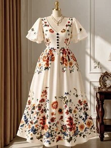 Rometta Women's Plus Size Spring/Summer Elegant Pastoral Style V-Neck Ruffle Sleeve Maxi Dress, Beige Base Vintage Floral Print + Front Decorative Button Design, Suitable For Picnic, Date, Daily Shopping, Vacation Photography - Beige - View 2