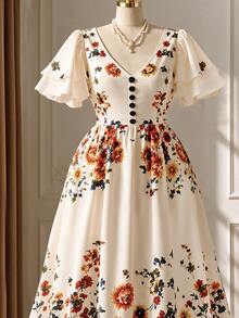 Rometta Women's Plus Size Spring/Summer Elegant Pastoral Style V-Neck Ruffle Sleeve Maxi Dress, Beige Base Vintage Floral Print + Front Decorative Button Design, Suitable For Picnic, Date, Daily Shopping, Vacation Photography - Beige - View 10