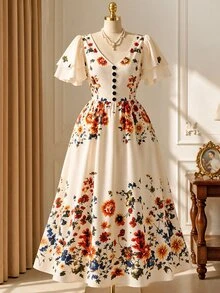 Rometta Women's Plus Size Spring/Summer Elegant Pastoral Style V-Neck Ruffle Sleeve Maxi Dress, Beige Base Vintage Floral Print + Front Decorative Button Design, Suitable For Picnic, Date, Daily Shopping, Vacation Photography - Beige - View 3