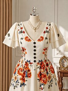 Rometta Women's Plus Size Spring/Summer Elegant Pastoral Style V-Neck Ruffle Sleeve Maxi Dress, Beige Base Vintage Floral Print + Front Decorative Button Design, Suitable For Picnic, Date, Daily Shopping, Vacation Photography - Beige - View 7