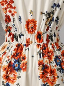 Rometta Women's Plus Size Spring/Summer Elegant Pastoral Style V-Neck Ruffle Sleeve Maxi Dress, Beige Base Vintage Floral Print + Front Decorative Button Design, Suitable For Picnic, Date, Daily Shopping, Vacation Photography - Beige - View 4