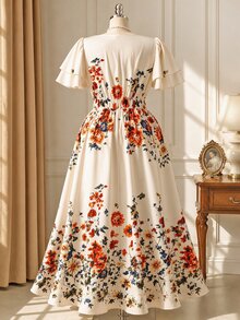 Rometta Women's Plus Size Spring/Summer Elegant Pastoral Style V-Neck Ruffle Sleeve Maxi Dress, Beige Base Vintage Floral Print + Front Decorative Button Design, Suitable For Picnic, Date, Daily Shopping, Vacation Photography - Beige - View 11