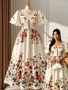 Rometta Women's Plus Size Spring/Summer Elegant Pastoral Style V-Neck Ruffle Sleeve Maxi Dress, Beige Base Vintage Floral Print + Front Decorative Button Design, Suitable For Picnic, Date, Daily Shopping, Vacation Photography - Beige - View 9