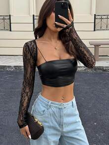 SHEIN EZwear Women's Lace Sheer Bolero Top, Slim Fit, Summer - Black - View 1