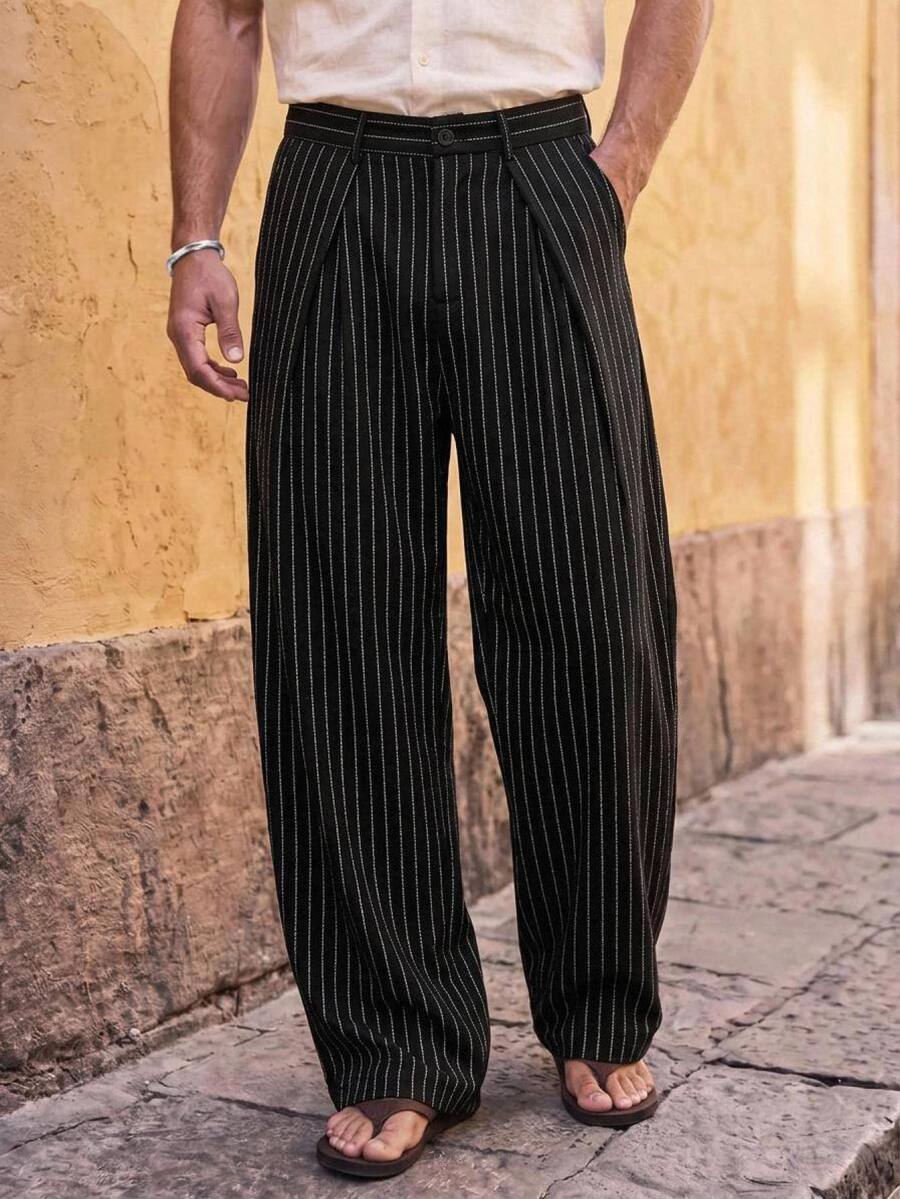 Ocevento Men's Casual Commuter Striped Pants - Black - View 1
