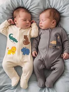 SHEIN Piyama Bayi Baru Lahir Motif Kartun Kasual Sehari-hari Lengan Panjang Terusan Musim Gugur Musim Dingin - Aprikot - View 1