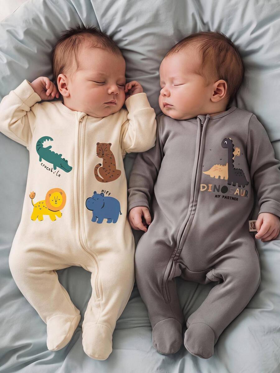 SHEIN Piyama Bayi Baru Lahir Motif Kartun Kasual Sehari-hari Lengan Panjang Terusan Musim Gugur Musim Dingin - Aprikot - View 1